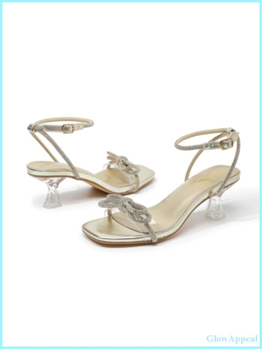Rhinestone Bow Kitten Heel Sandals Clear Heeled Ankle Strap Dress Shoes